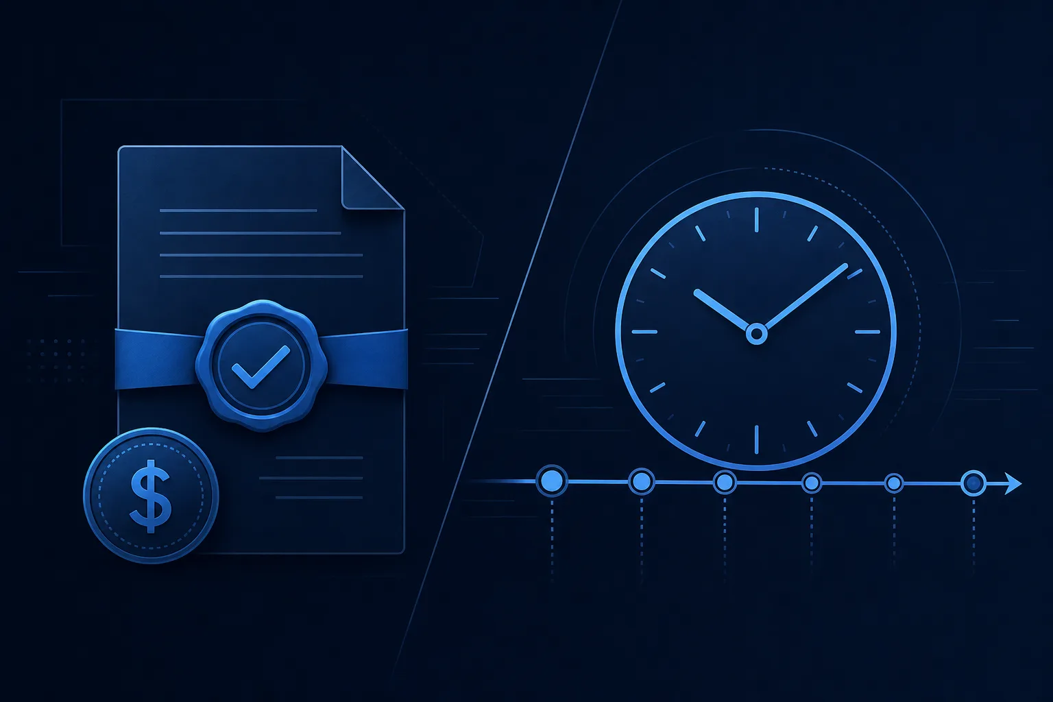 Split illustration of a sealed fixed-price contract versus an open hourly timeline on a dark navy background