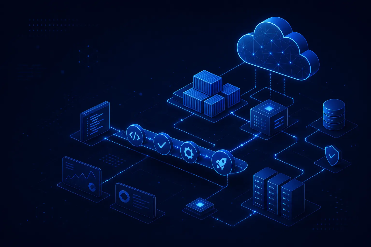 Abstract cloud infrastructure and pipeline nodes on a dark navy background