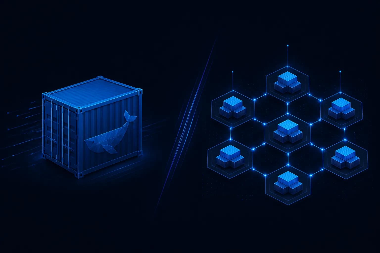 Abstract comparison of a single container ship versus a multi-node orchestration grid on dark navy
