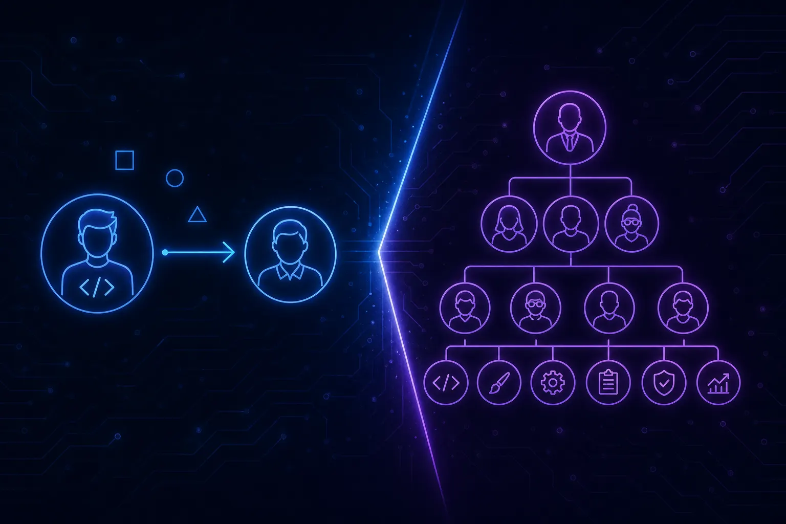 Split illustration comparing a solo freelancer with a direct connection vs a multi-tier agency org chart