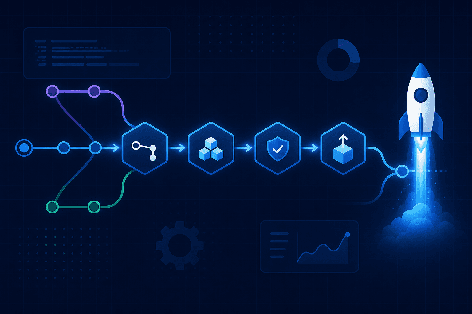 Abstract CI/CD pipeline nodes flowing from commit through build and deploy on a dark navy background