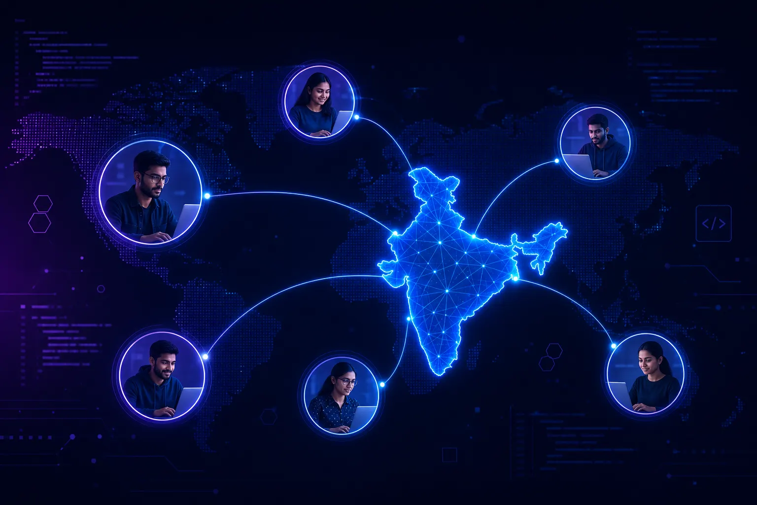 Indian software developers connected to global clients via a glowing network map