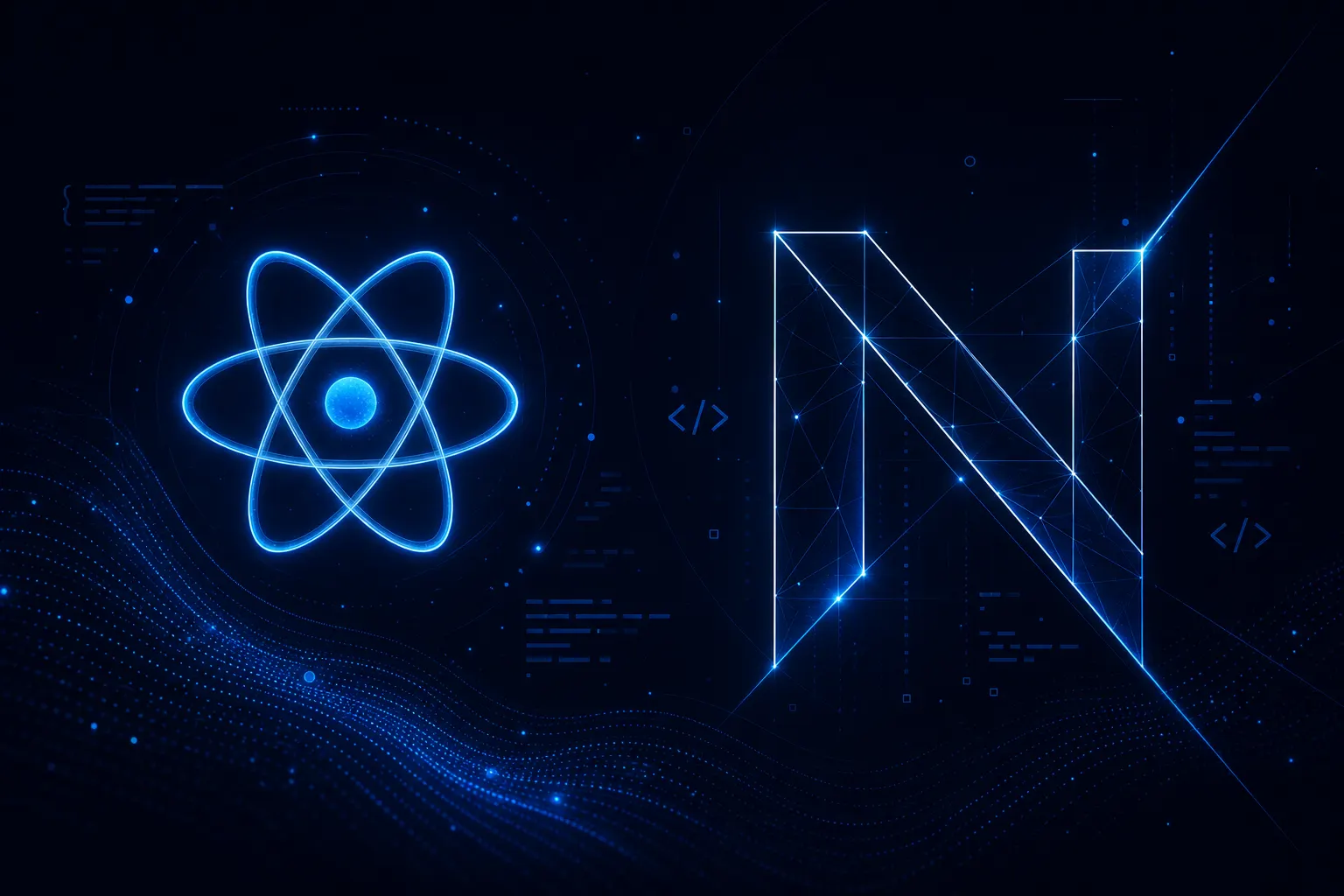 Abstract React and Next.js inspired geometric light forms on a dark navy background