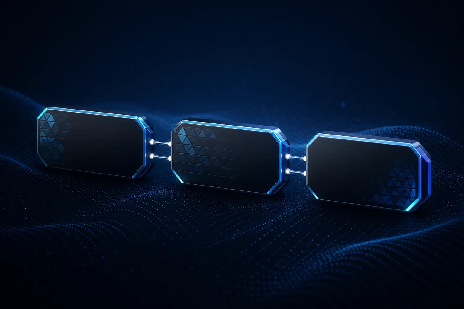 Abstract three-part JWT token segments connected by dots on a dark navy background