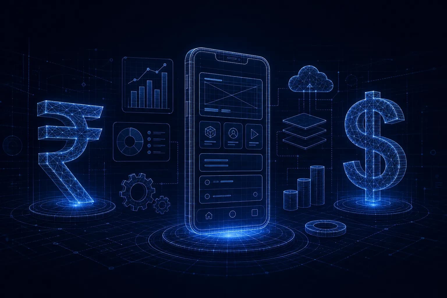 Abstract blueprint of an MVP product with cost signals on a dark navy background