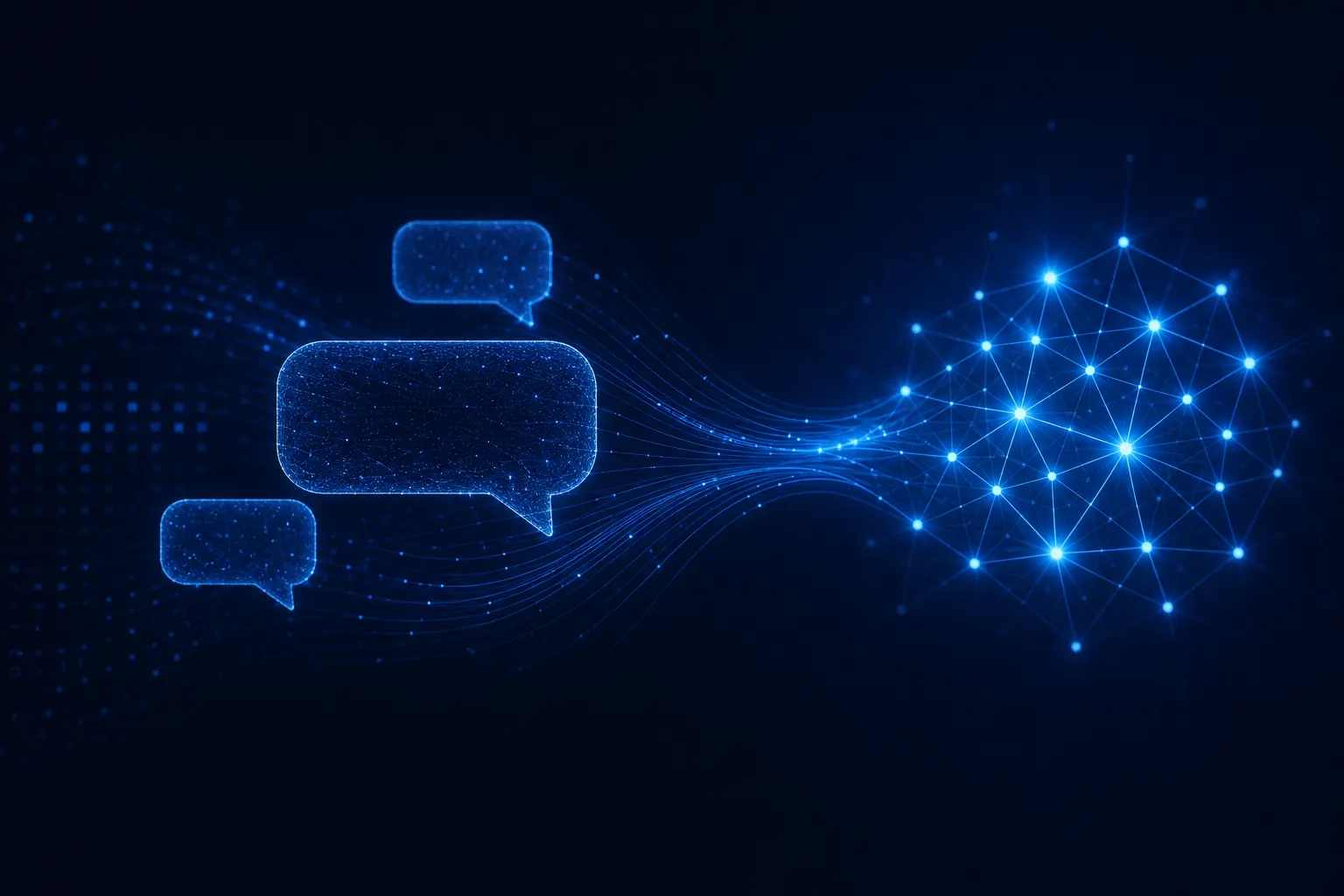 Abstract chat bubbles connected to a neural network glow on dark navy