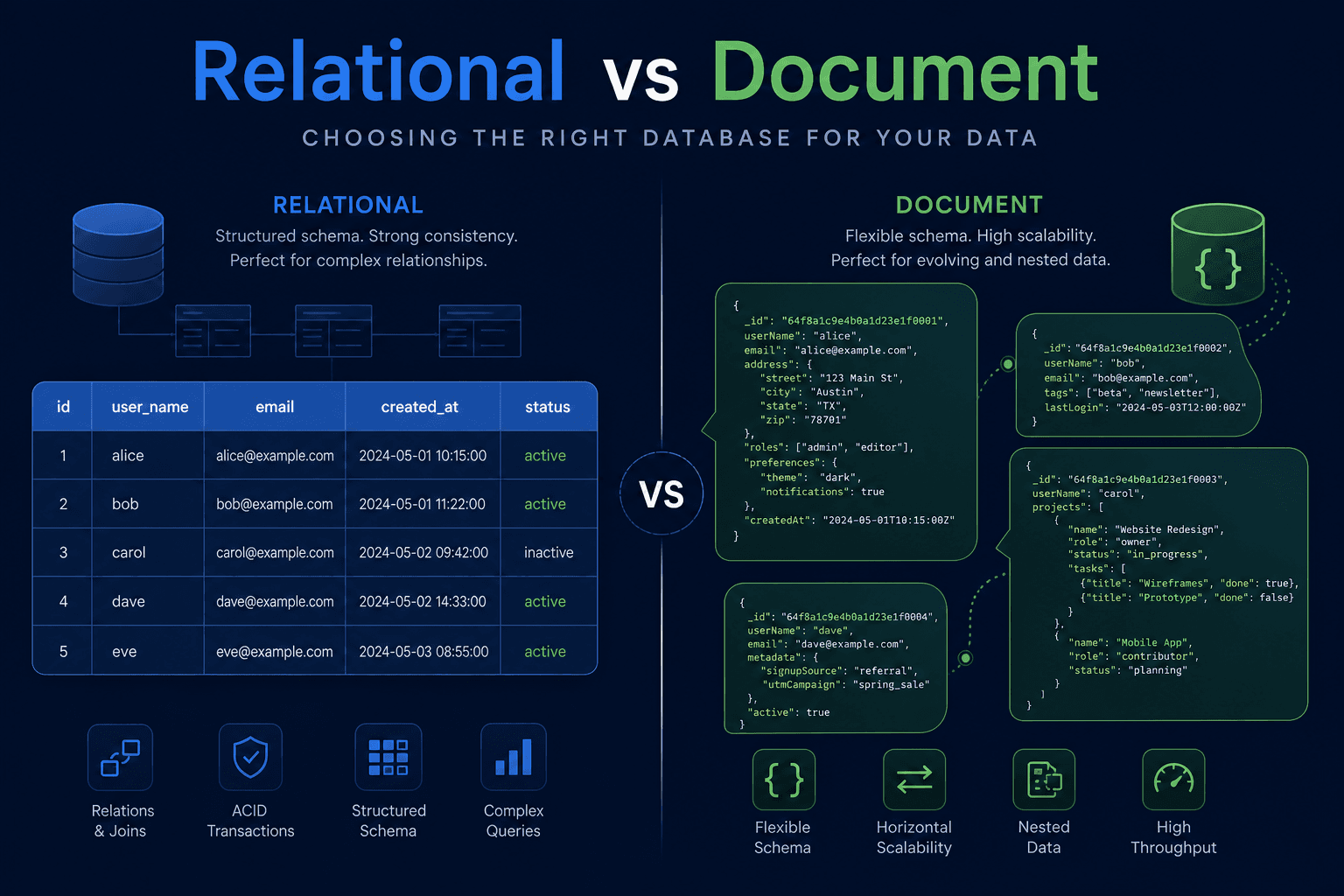 Split illustration of structured relational tables versus flexible document collections on dark navy