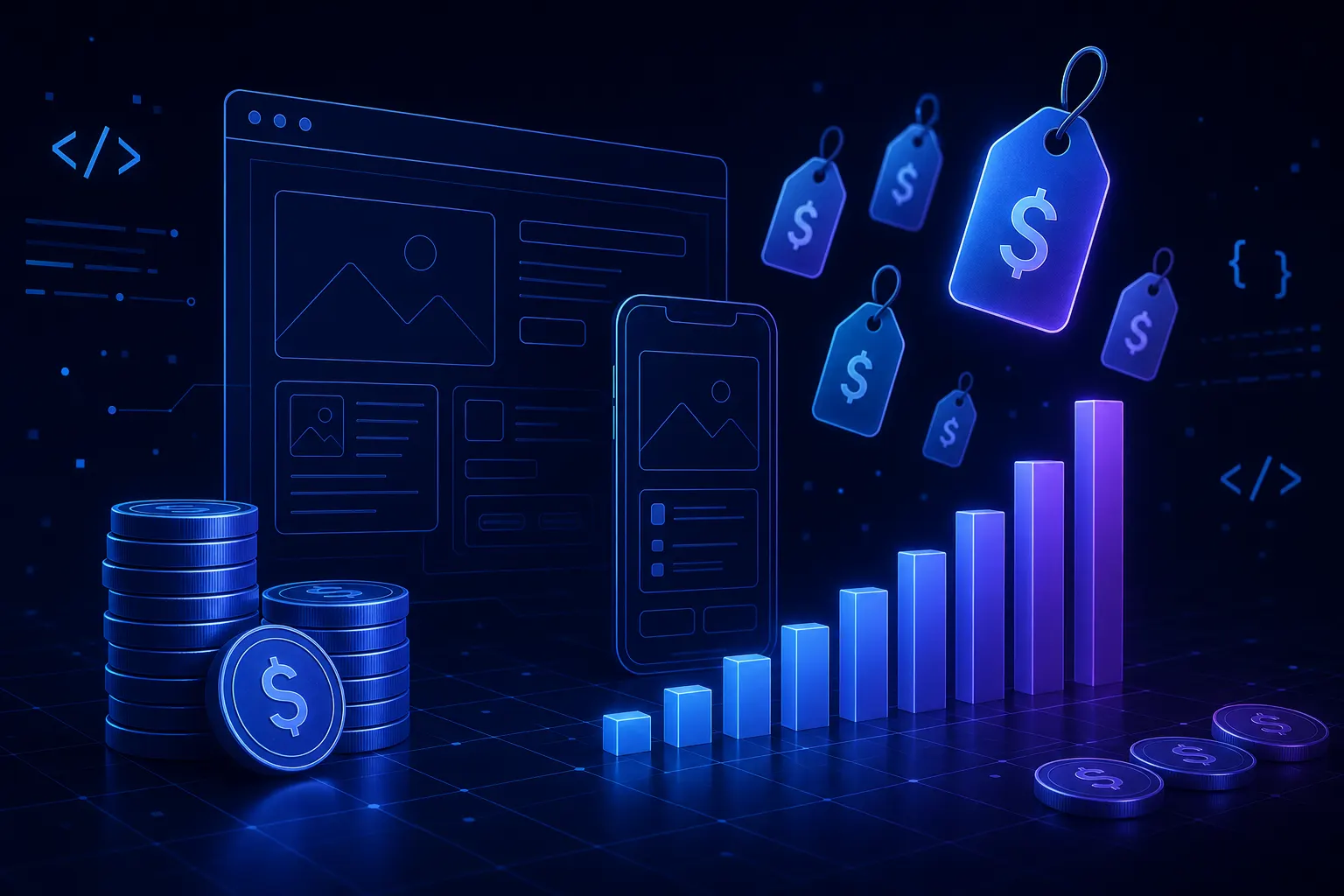 Glowing tech illustration of software wireframes, price tags, and a rising cost chart