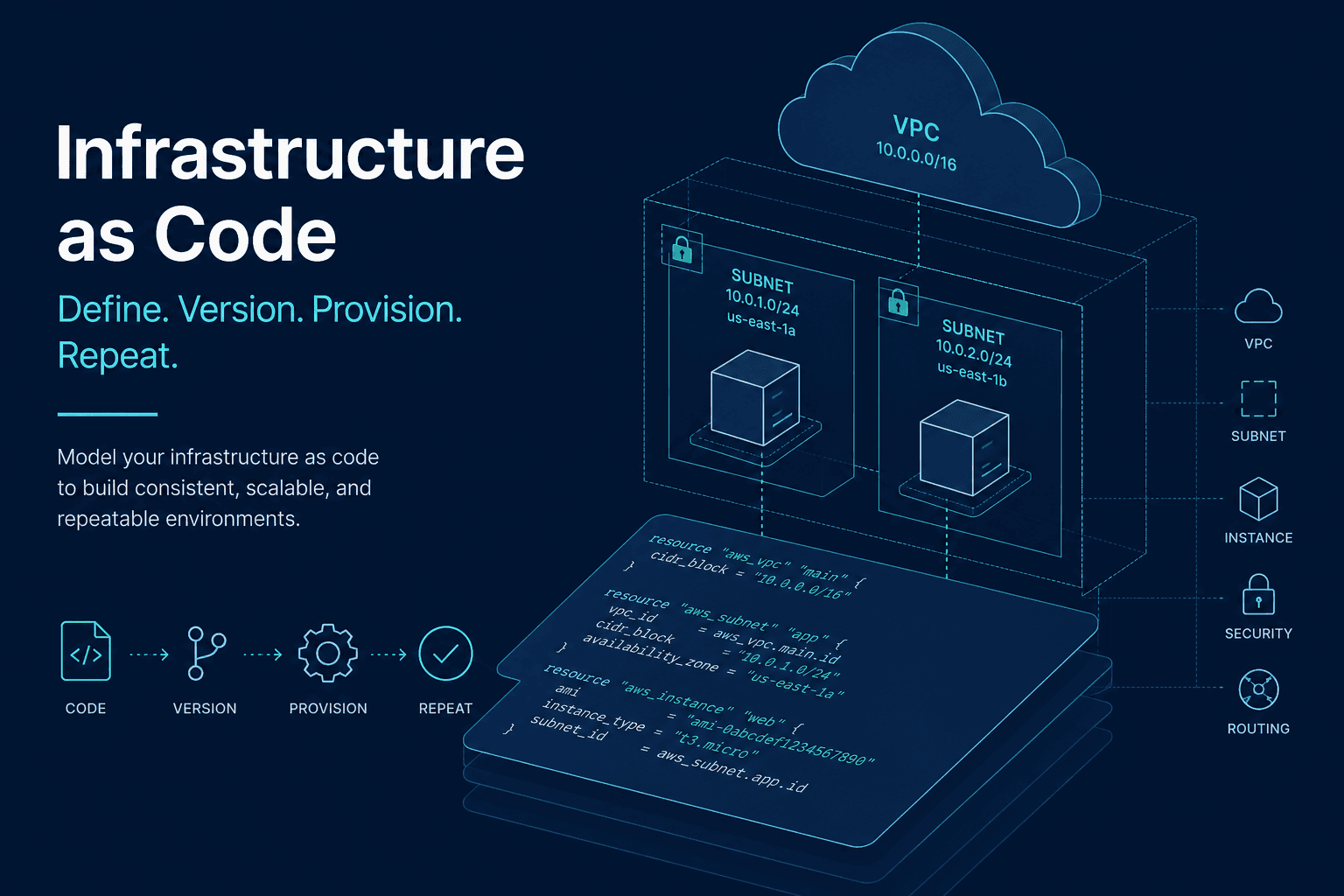 Blueprint-style cloud infrastructure assembling from infrastructure-as-code slabs on dark navy