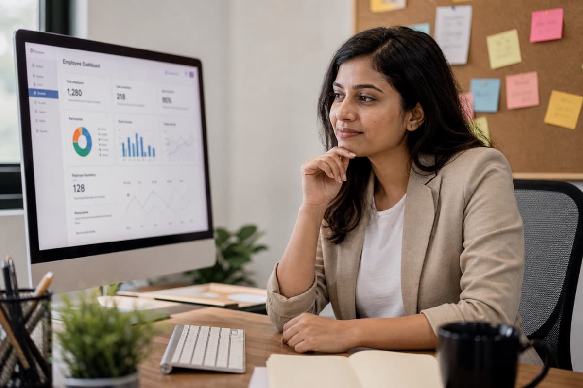 HR professional reviewing an employee dashboard at her desk